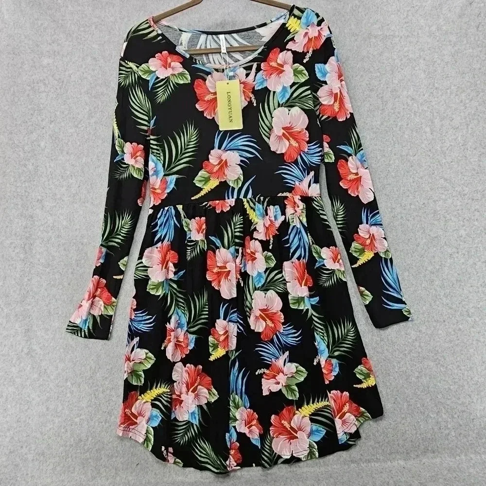 Longyuan Tropical Dress Long Sleeve Inseam Pockets‎ Super Soft